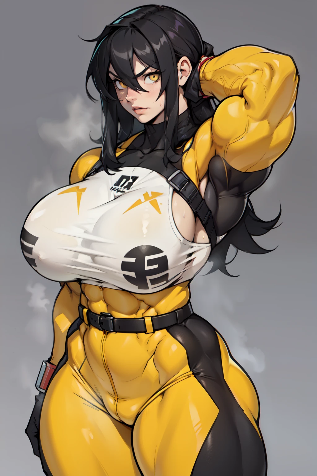 girl (1girl muscular grey background pale skin bodybuilder huge breasts toned body thin waist) black hair yellow eyes straight hair sweaty hair between eyes skintight