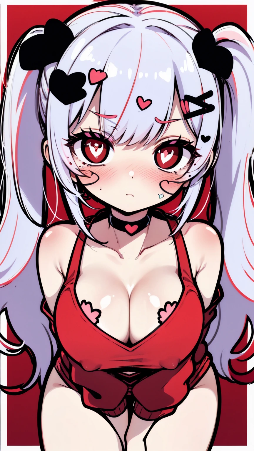 power,(A white border around a red rectangular background:2.5),head looking up,lie on one's side,Expose the back,ahegao face,C cup,whitesweater,High detail,Moles under eyes, Heart-shaped pupils,Love pupils,cropped shoulders,Lots of hearts,Fleshy thighs,highly rendered,detailed face with