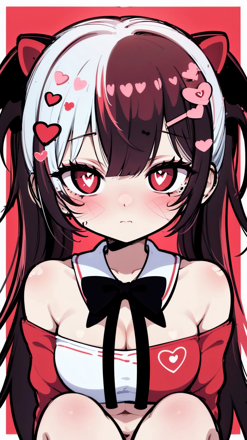 power,（A white border around a red rectangular background：2.5），head looking up，lie on one's side，Expose the back，ahegao face，C cup，whitesweater，High detail,Moles under eyes, Heart-shaped pupils，Love pupils，cropped shoulders，Lots of hearts，Fleshy thighs,highly rendered，detailed face with