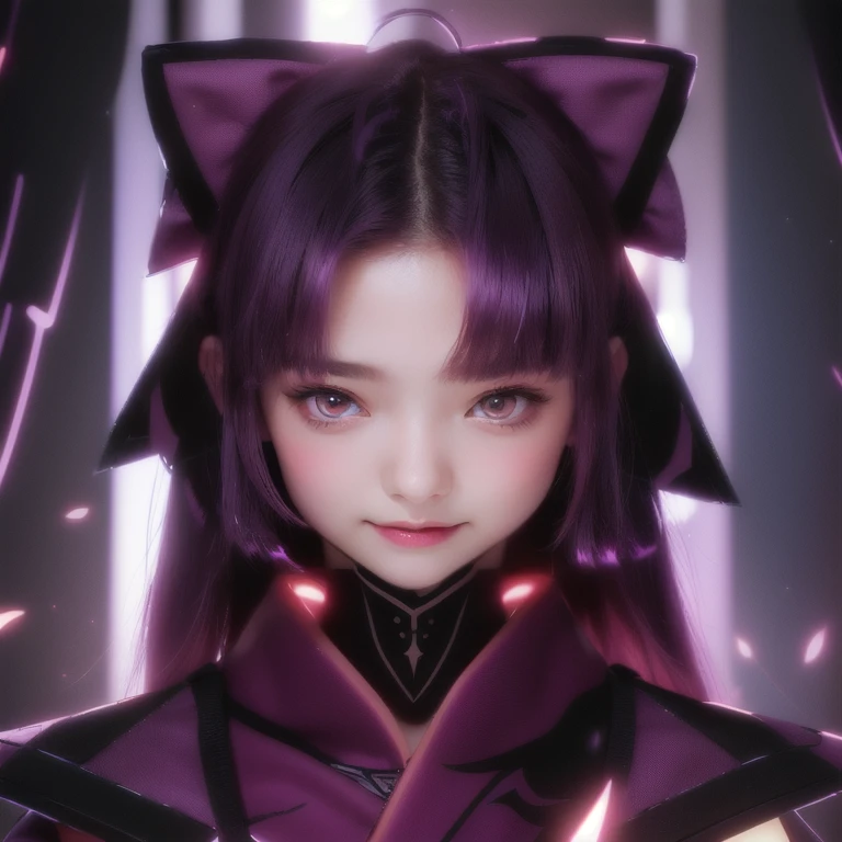  ((ultra realisitic)), ((picture-perfect)), ((face perfect)), ((ultra detaild)), ((perfectbody)), a close up of a girl with red eyes and purple hair, serious expression