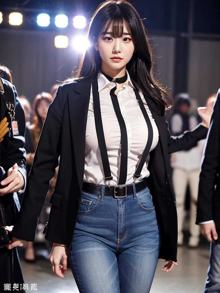 masterpiece、Highest quality、Ultra-high resolution、、colorful、Flat Color、Depth of written boundary、Lens Flare 1 Girl、、Black-haired、Staring at the audience　suit　Dress shirt　belt　suspenders　Working Adults　case　OL　　Black jacket　Glare　Big ample breasts　Sex　jeans