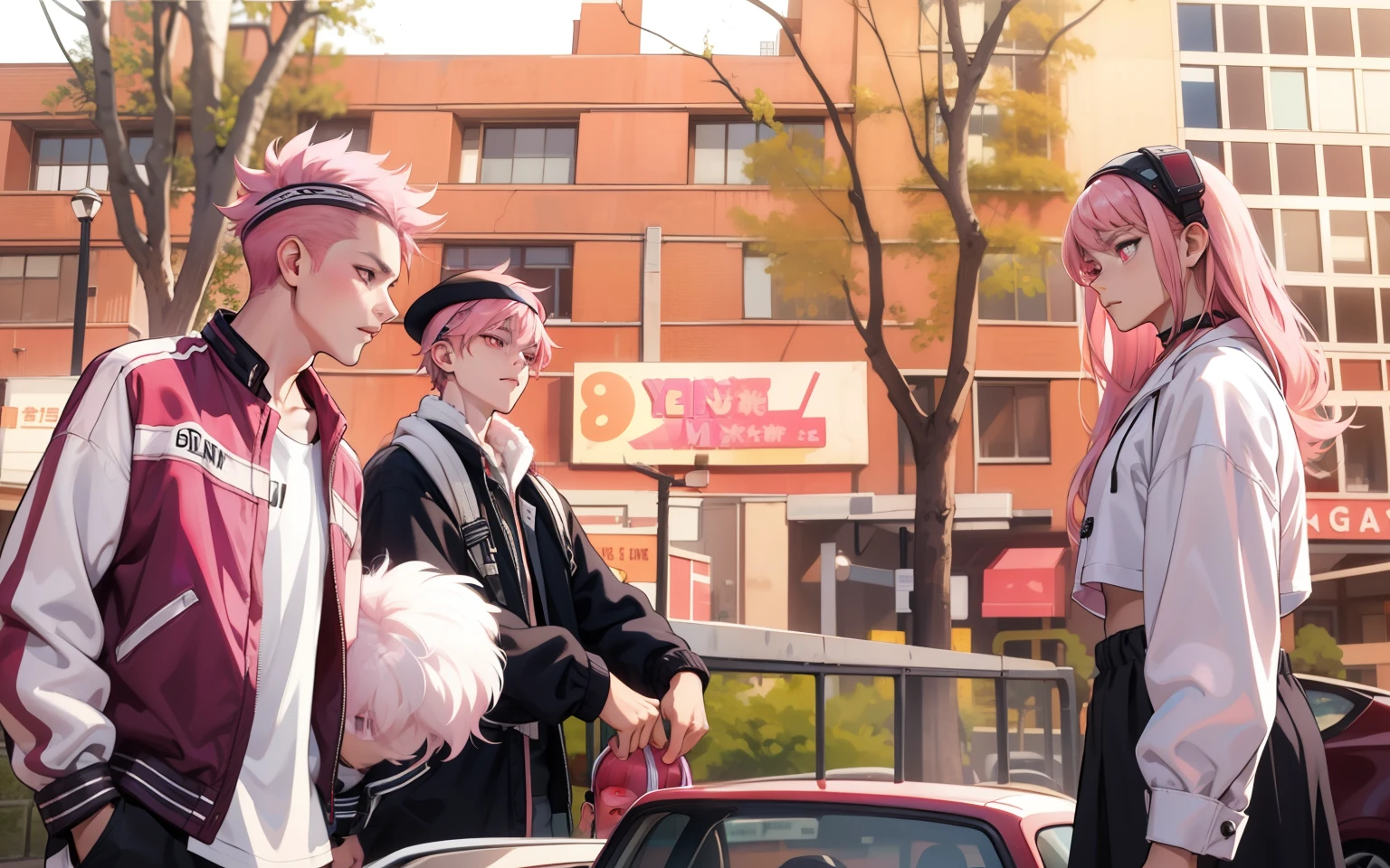 There are two 16-year-old men, pink eyes, pink hair, they have a black TV band on their heads, they are looking at someone in front of them, they have pink hair, there is a pretty , they are talking.