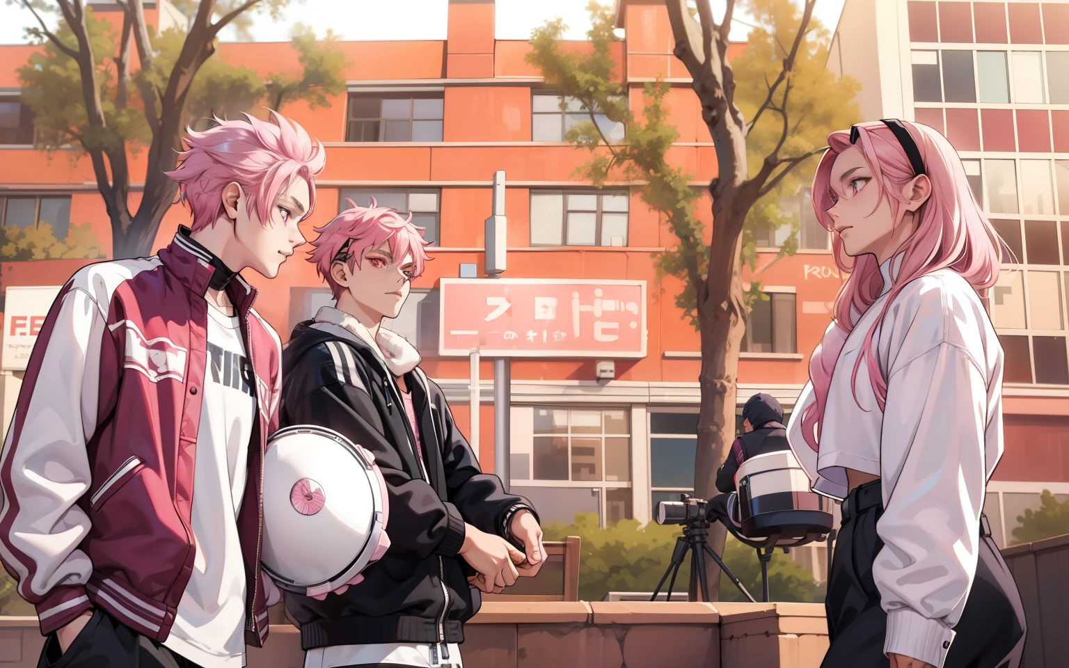There are two 16-year-old men, pink eyes, pink hair, they have a black TV band on their heads, they are looking at someone in front of them, they have pink hair, there is a pretty , they are talking.