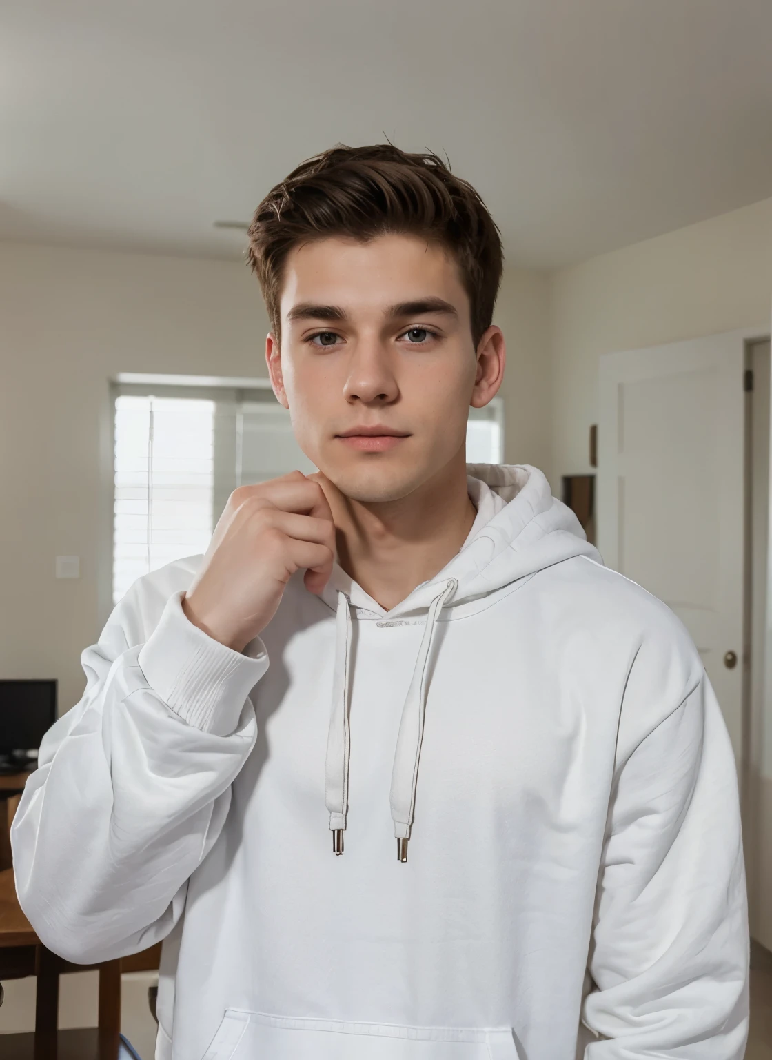 Photo-realistic of 20 years old American man in the room, wearing white hoodie, looking camera, 4K