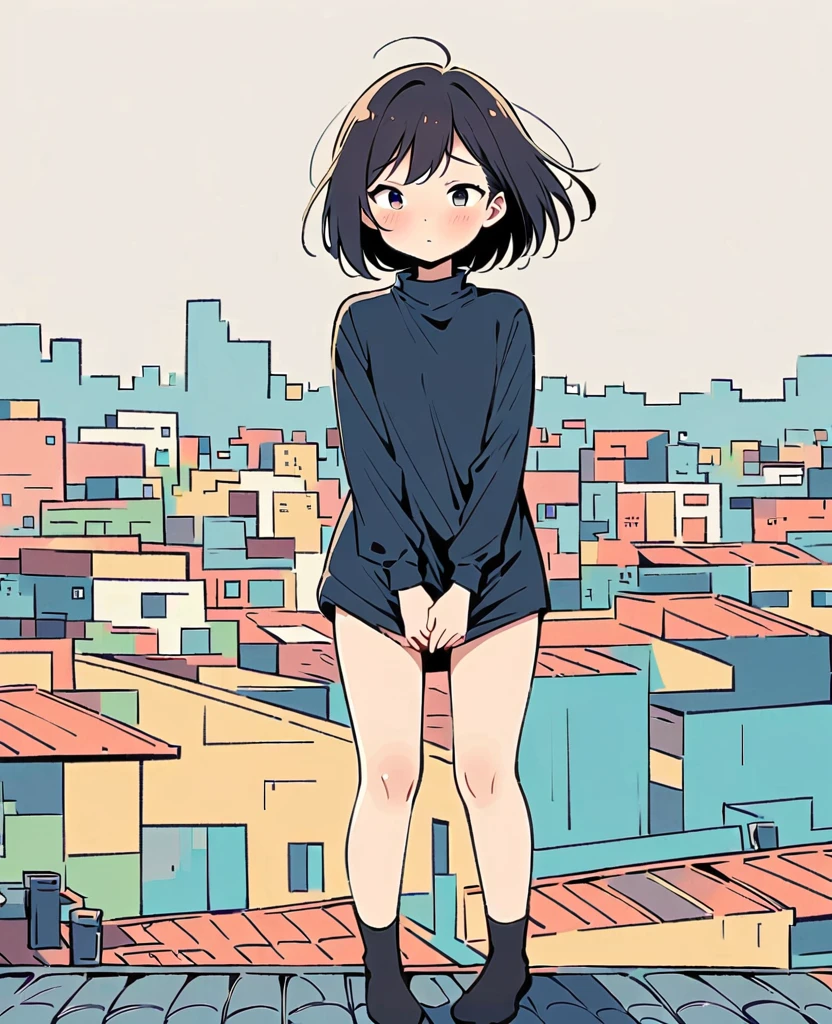 (Person Standing on the Rooftop:1.3)，Girl on the rooftop，Simple lineinimalism，Abstract Art，City background, urge to pee, covering crotch with two hands, knees together, feet apart (girl is peeing self:0.395), long sleeves