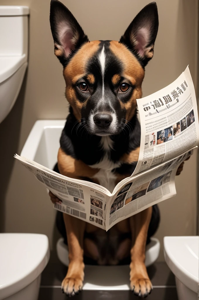 image as music album cover of a dog, half black and half beige, sitting on the toilet reading a newspaper and covering his private parts