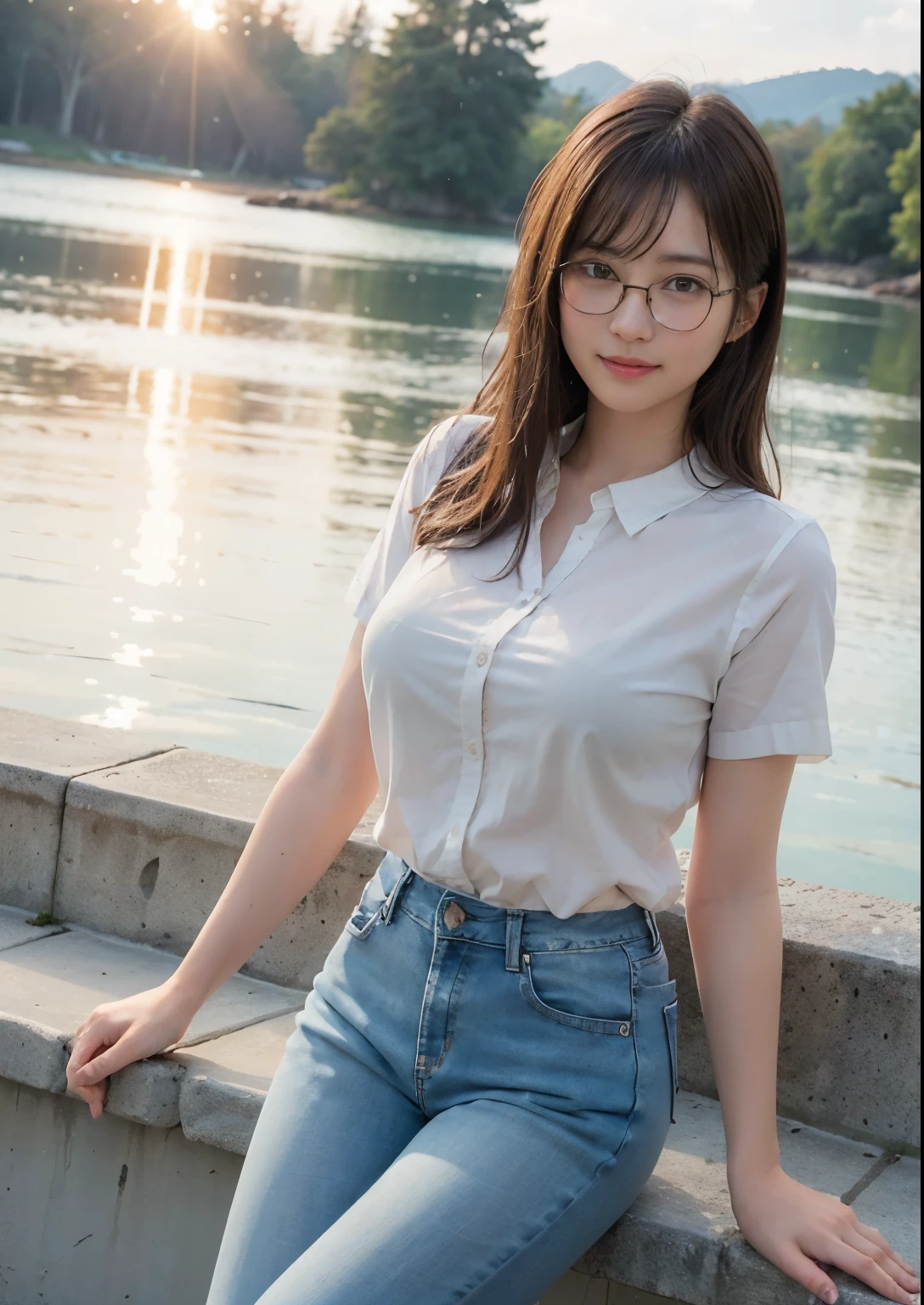 Happy fun、a smile, big breasts、top-quality、​masterpiece、超A high resolution、8K、(Photorealsitic:1.4)、Raw photo、1人、long brown hair、glowy skin、Wet body、Dramatic Writing、full body Esbian, jeans, at the sunset, glasses, blues eyes, wears white shirt