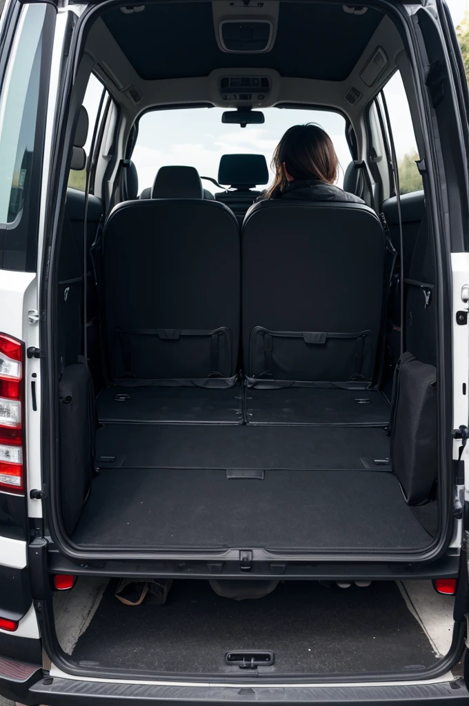 A black van with a person tied up in the back