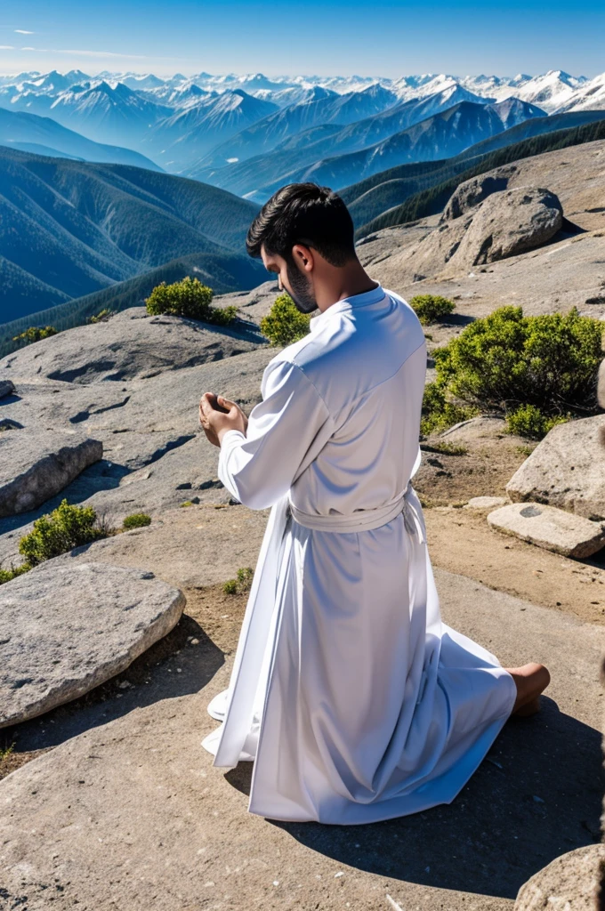 A man kneeling praying on a mountain with blue skies and white stars and his white garment.