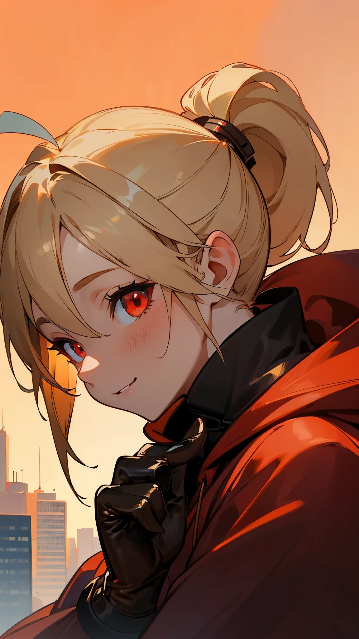 1 Girl、solo、Wearing a red hoodie、Wearing black leather gloves、Blonde ponytail、Ahoge、Beautiful red eyes、smile、Highly detailed profile、Upper body close-up、Ultra-detailed illustrations、Golden Hour Sky、Skyscraper rooftop