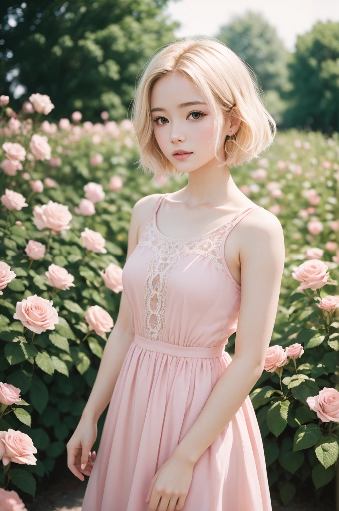 8K, CRU photo, Fujifilm, style photo of a beautiful young woman like Avril in a light pink rose garden (highly detailed skin: 1.2) Style-Petal BREAK short hair, blonde hair with colored highlights, wearing a dress, film grain, 35mm, cute style