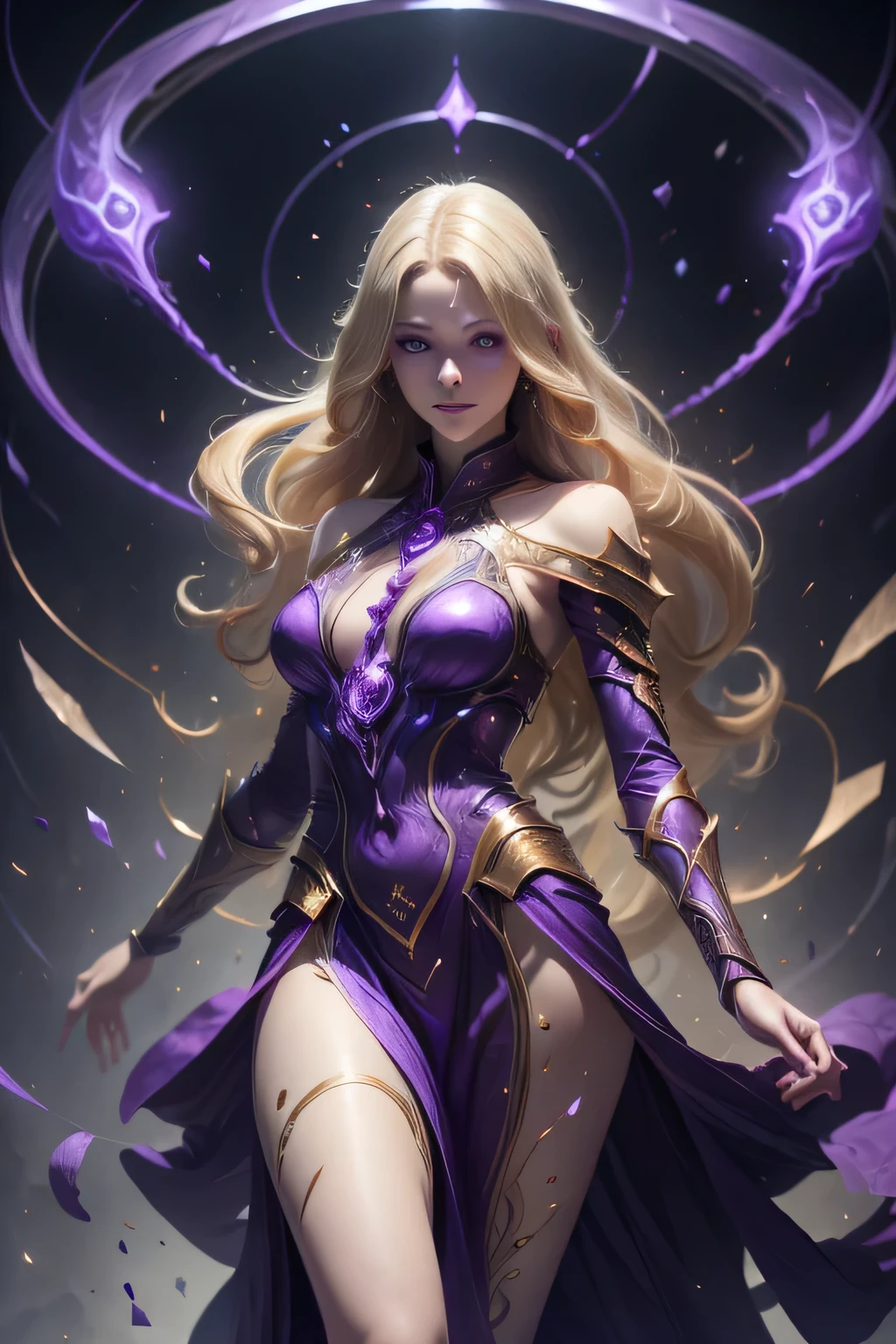 Beautiful female magician approximately 40 years old, Linda, seamless, delicate skin, with purple eyes, blonde long hair with arcane energy around her body, Wearing a beautiful tight dress made of arcane energy, hyper detailled, artistry