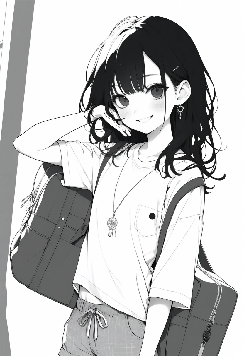 masterpiece, best quality, 1girl, jyt:4, grayscale, style: manga, japanese, chi no wadachi, black eyes, street, iced, black hair, schoolbag, smile, lineart, white background, white shirt, grey shorts, medium shot
