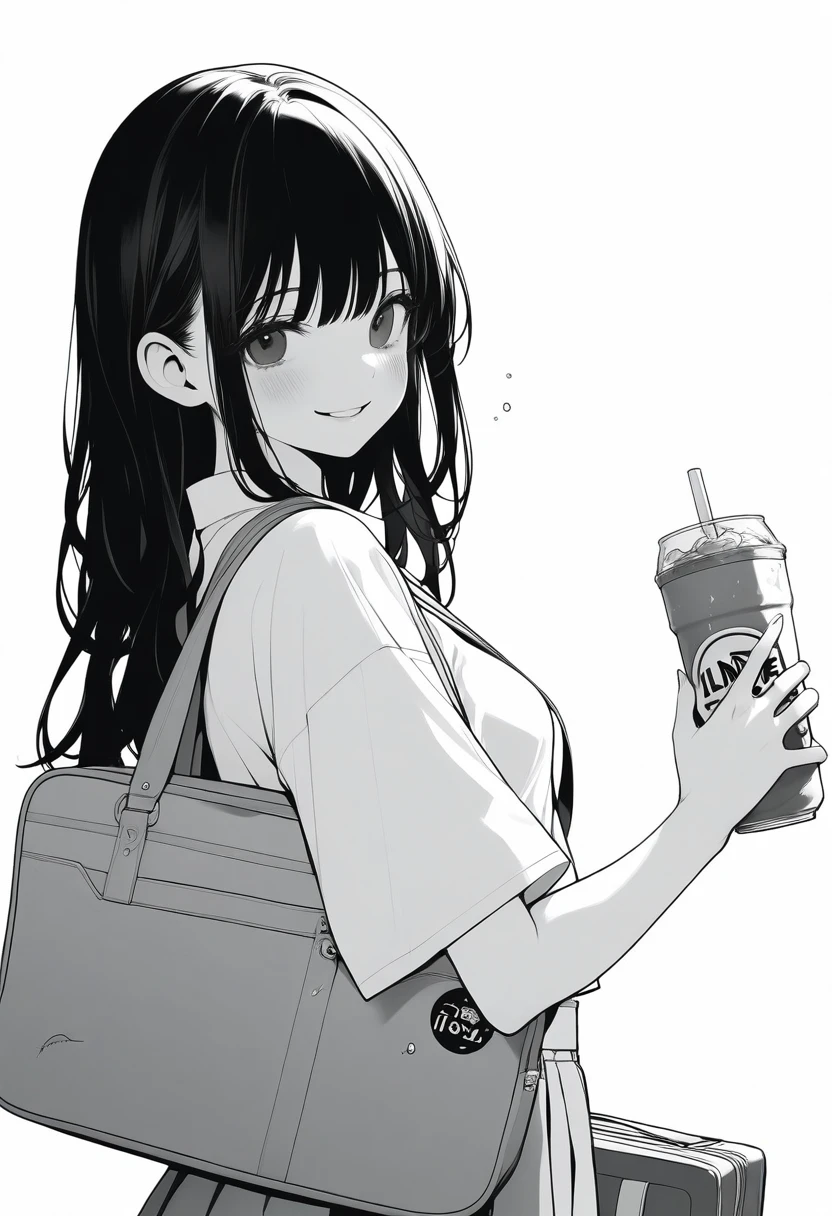 ​masterpiece, best quality, 1girl, jyt:4, grayscale, style: manga, japanese, chi no wadachi, black eyes, street, iced, black hair, schoolbag, smile, lineart, white background, white shirt, grey shorts, medium shot
