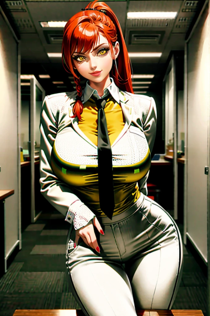 1girls, (solo:1.3), (cowboy shot:1.3), (looking at viewer:1.2), (pinup:1.3)
makima, long hair, smile, bangs, (yellow eyes:1.2), braid, red hair, braided ponytail, ringed eyes, shirt, long sleeves, white shirt, large breasts, huge breasts, huge cleavage, necktie, collared shirt, pants, black pants, formal, suit, black necktie, shirt tucked in, office lady, (curvy:1.3)
BREAK sakimichan, (realistic shading:1.2), semi-realistic proportions, soft shading, minimal lineart
BREAK intricate details, (masterpiece:1.3), (best quality:1.3), (perfect anatomy:1.4) BREAK, (office interior scenery:1.3), cubicles, inside