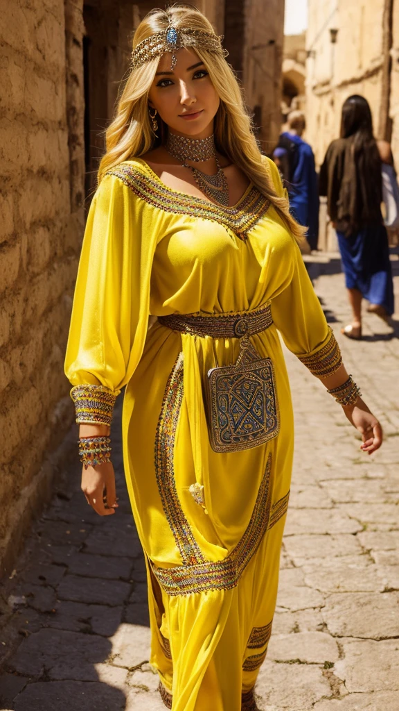 Most beautiful blonde woman, robe kabyle, berber,amazigh, kabyle beauty, bijoux,kabyledress, attractive, hd,best, perfect body ,yellow, street background 