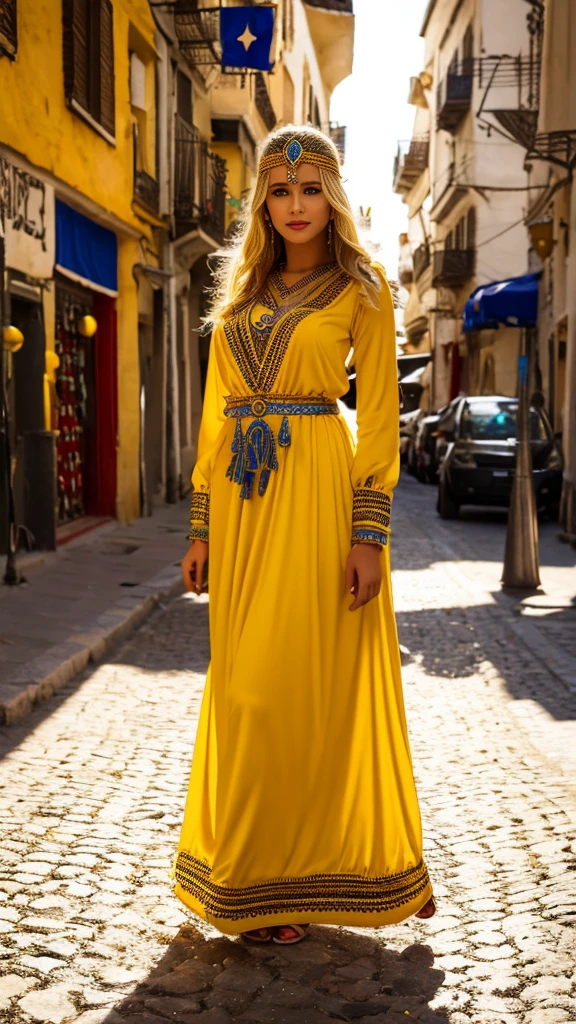Most beautiful blonde woman, robe kabyle, berber,amazigh, kabyle beauty, bijoux,kabyledress, attractive, hd,best, perfect body ,yellow, street background