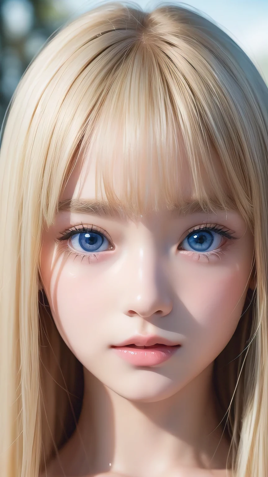 high quality、最high quality、Photorealistic、Raw photo、Real、超Real8K CG、Super detailed、High resolution、masterpiece、1 Girl、Super long hair、Light blonde hair、Bright Blue Eyes、Detailed face and eyes、Close-up、Intricate details、Detailed Texture、details、details、A perfectly beautiful face、Messy silky beautiful light blonde hair、Beautiful cute girl 16 years old、Very beautiful beautiful bright pale sky blue big eyes、Very super long beautiful blonde silky shiny hair、Long beautiful bangs、Very big eyes、Small Face Beauty、eyeliner、very white shiny skin、Gloss Face、Cheek gloss、Hair above the eyes、片Hair above the eyes、Hair between the eyes、