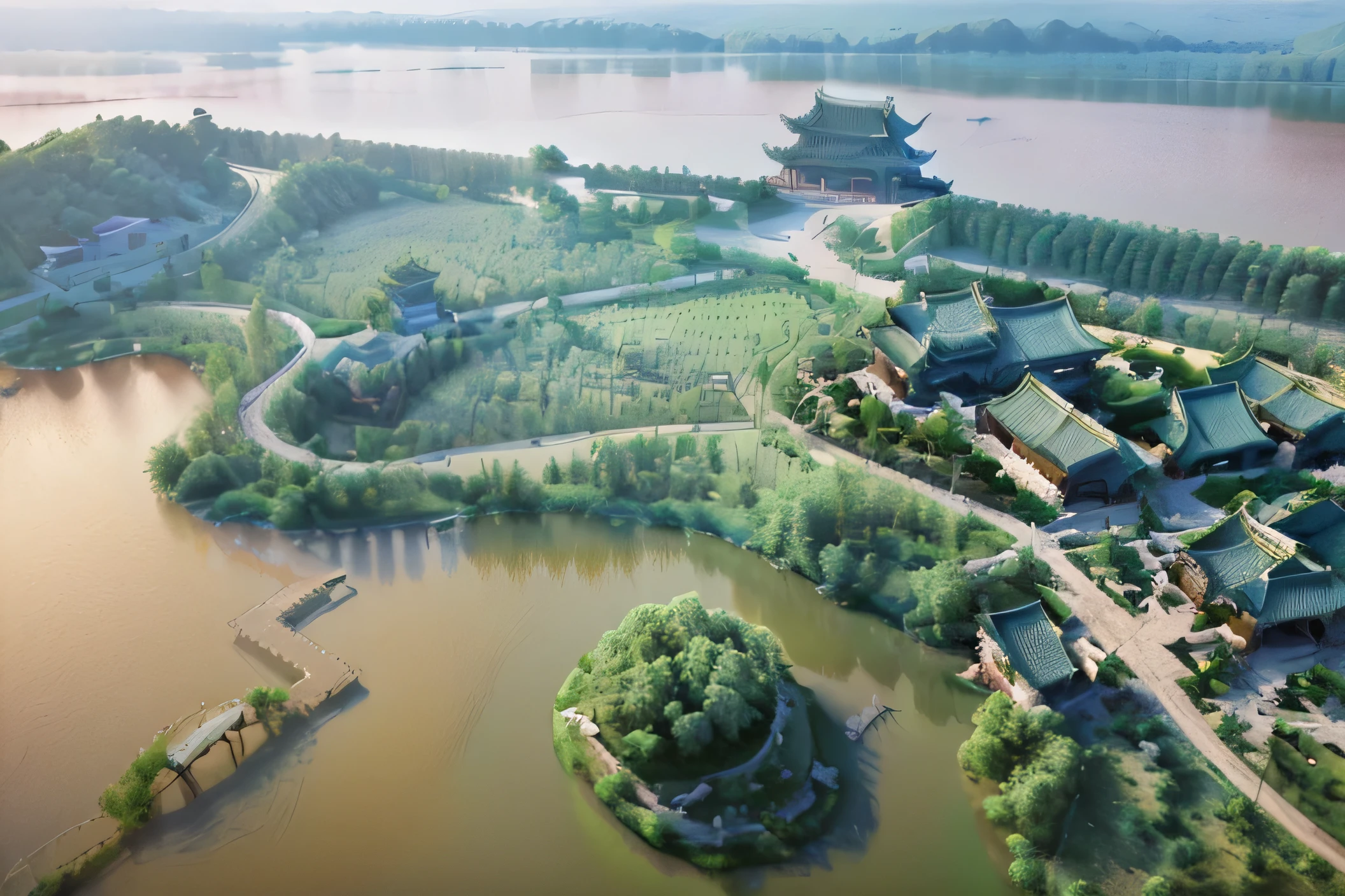 aerial view of a small village with a bridge and a lake, tang dynasty palace, the photo shows a large, ancient chinese architecture, viewed from bird's-eye, sha xi, aerial view of an ancient land, a wide full shot, photo taken from above, xianxia, shot from 5 0 feet distance, wide angle shot from above, historical setting