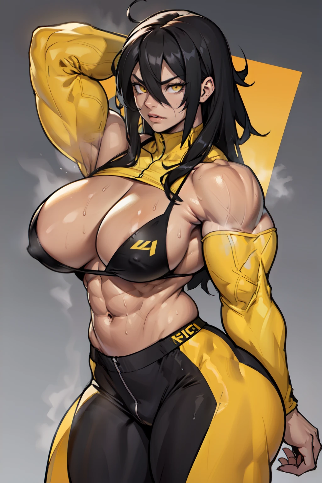 girl (1girl muscular grey background pale skin bodybuilder huge breasts toned body thin waist) black hair yellow eyes straight hair sweaty hair between eyes skintight