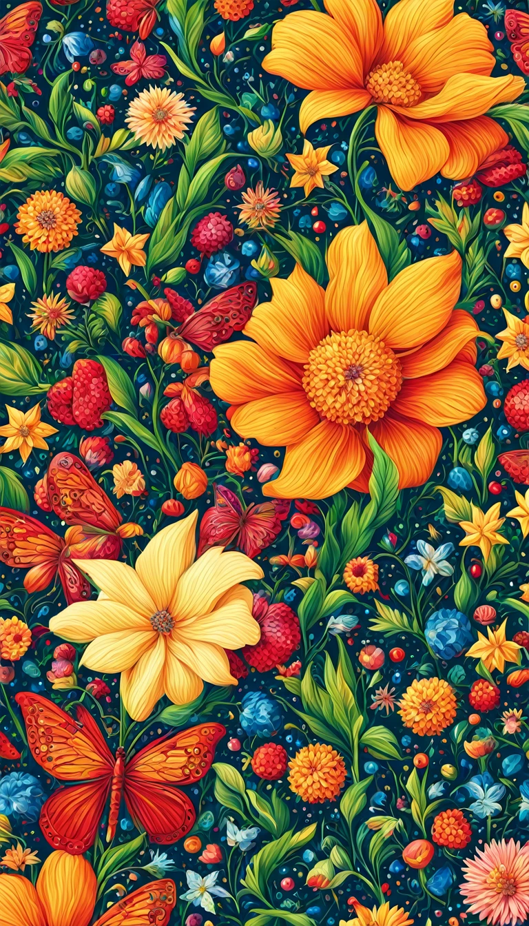 Seas of ((Colorful BUTERFLY, BEAUTIFUL FLORAL)) (ALOT OF SMALL STARS) In the ((((BLACK BACKGROUND)))) — ((GOLDEN stars)) colorful BERRIES, ((WHITE FLOWER)) jewels, ((COLORFUL butterfly)), ((GREEN LEAFY FLORA)), (strawberry), ROSE CHERRY ((COLORFUL SMALL GEM STONE JEWEL)) ((FIREFLY)|| (embroidery) seamless pattern, fruit, butterfly, diamond, pearls, Best quality, masterpiece, ultra high res, (photo realistic:1.4), surrealism, dream-like, ((abstract art)), vector arts,) (8k, RAW photo, best quality, masterpiece:1.2, Sharp image, vector) — a close up of a STAR pattern, STAR wallpaper, ornate STAR, STAR pattern, STAR explosion, STAR! intricate, STAR JEWELs colorful, chinoiserie pattern, VECTOR wallpaper, STAR renewal, with colorful JEWELs and plants, STAR dream, garden JEWELs pattern, STAR patterned skin, STAR design, STAR motives, boho STAR vines,
