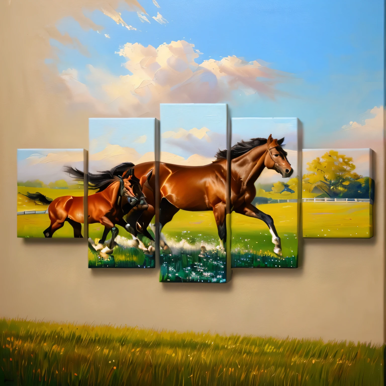a close-up of a painting of a horse and foal running, galloping, horses, high quality art, canvas art print, horses in run, canvas art, modern art, high definition art, high quality works of art, High quality painting, Canvas painting, quarterly view, -w 512, western art, canvas oil painting, animal painting