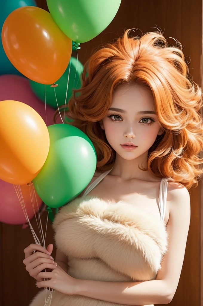 Leão fluffly, cartoon drawing, orange tones, background without details, holding 3 green party balloons, voluminous mane, animation, soft stain on the head, fluffly, dainty, 