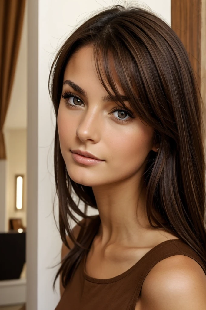 french girl brunette with brown eyes without top selfie