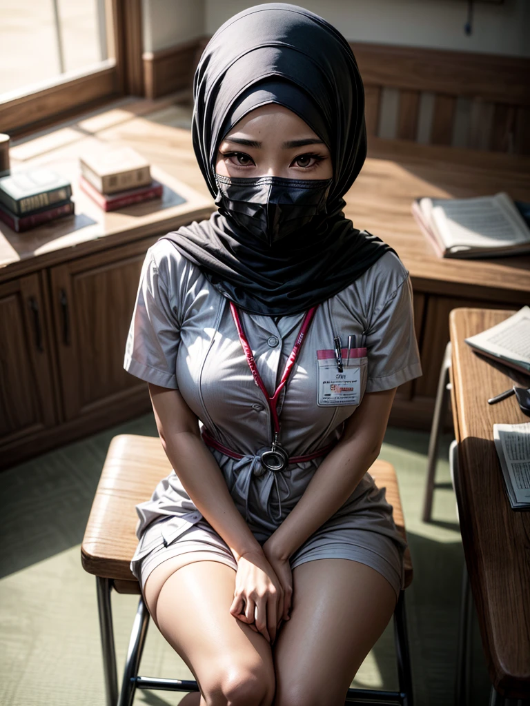 (1 girl), sitting on a chair in a hospital, ((wearing hijab)), wearing white nurse uniform, shot from above, wearing niqab, wearing mouth cover
