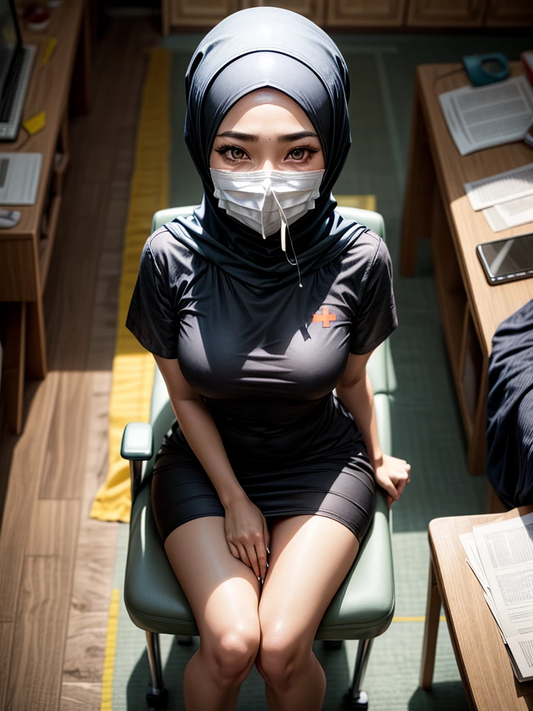 (1 girl), sitting on a chair in a hospital, ((wearing hijab)), wearing white nurse uniform, shot from above, wearing niqab, wearing mouth cover