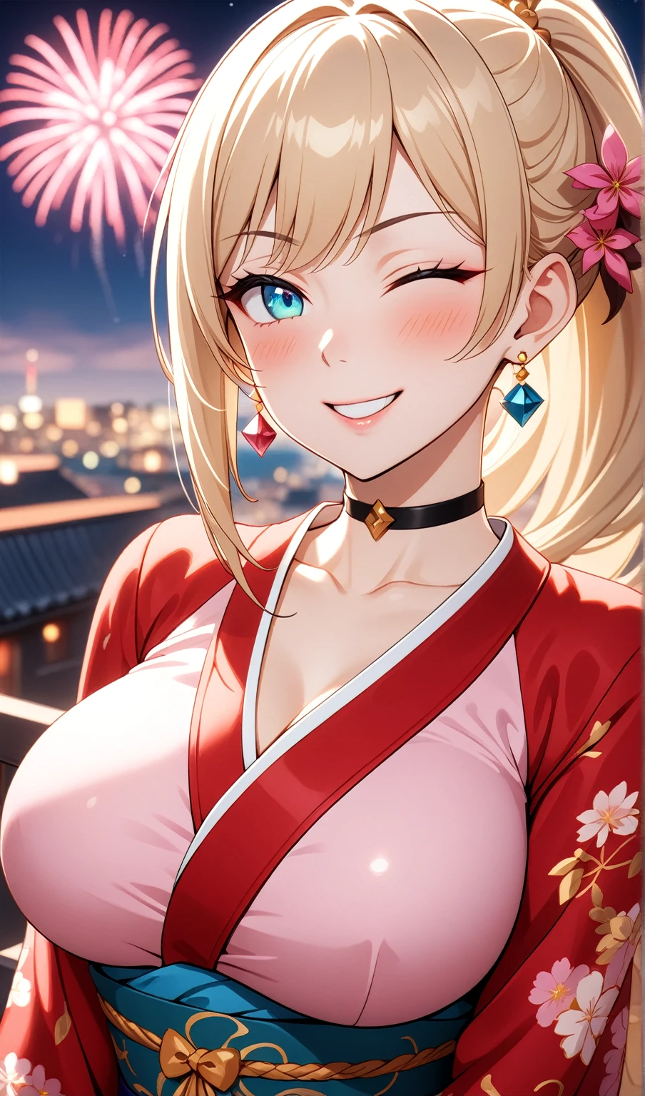 ((One personの女性)), Beautiful Face, ((smirk)),((Wink:2.2)), head tilt, Laugh with your mouth wide open,((Bright red cheeks:1.4)),Shiny red lips,night,rooftop,You can see the ocean, firework,Laughing with your mouth open,Glossy pink lips,Facial lighting,((Anime style background)),masterpiece, Highest quality, so beautiful,up to date, Complex details, (Pink long nails),(ring),(bracelet),(choker),AI-generated, Complex,High resolution, Highest quality, super high quality,3D Images、3D Images,One person,Long blonde hair,High Ponytail,(turquoise blue eyes),Anime woman posing for a photo, ((Fine grain、Colorful eyes、Shining Eyes:1.3)),(Squint your eyes:1.1),a hyperRealistic , hyperRealistic , Realistic,Anime woman with long white hair, Smooth anime CG art, A woman in a colorful kimono with gold embroidery, (Pink long sleeve kimono),Red floral pattern,Long flower hair ornament,Earrings,Mature Body,(Big Breasts:1.1),Tall,Abdominal muscles,Tight waist,(Zoom up to face:1.5),