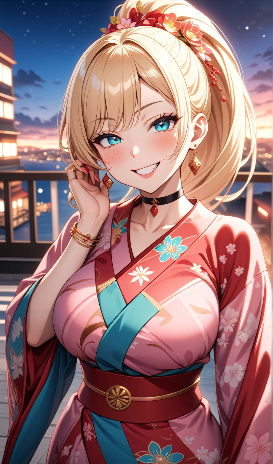 ((One personの女性)), Beautiful Face, ((smirk)),((Wink:2.2)), head tilt, Laugh with your mouth wide open,((Bright red cheeks:1.4)),Shiny red lips,night,rooftop,You can see the ocean, firework,Laughing with your mouth open,Glossy pink lips,Facial lighting,((Anime style background)),masterpiece, Highest quality, so beautiful,up to date, Complex details, (Pink long nails),(ring),(bracelet),(choker),AI-generated, Complex,High resolution, Highest quality, super high quality,3D Images、3D Images,One person,Long blonde hair,High Ponytail,(turquoise blue eyes),Anime woman posing for a photo, ((Fine grain、Colorful eyes、Shining Eyes:1.3)),(Squint your eyes:1.1),a hyperRealistic , hyperRealistic , Realistic,Anime woman with long white hair, Smooth anime CG art, A woman in a colorful kimono with gold embroidery, (Pink long sleeve kimono),Red floral pattern,Long flower hair ornament,Earrings,Mature Body,(Big Breasts:1.1),Tall,Abdominal muscles,Tight waist,(Zoom up to face:1.5),