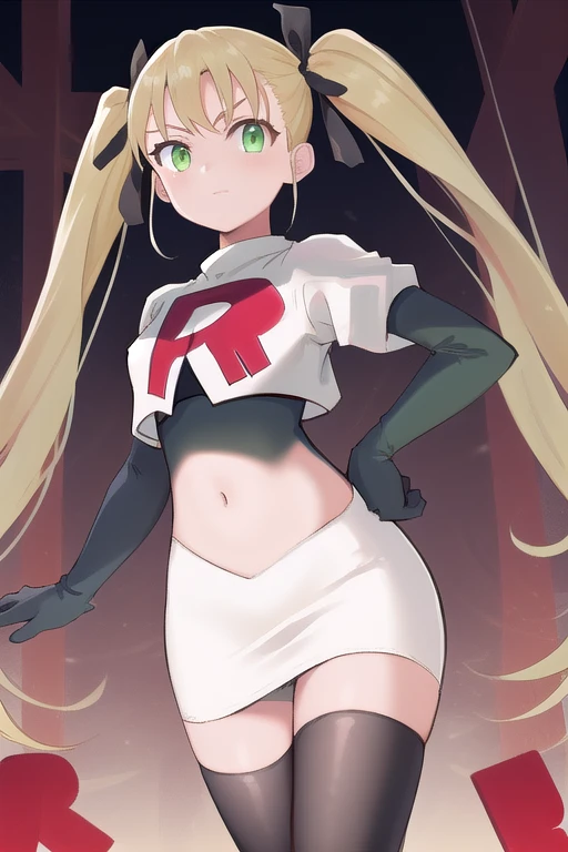 masterpiece, best quality, highres, 1girl twintails hair ribbon, green eyes, team rocket,team rocket uniform,white skirt,red letter R,crop top,black thigh-highs,black elbow gloves