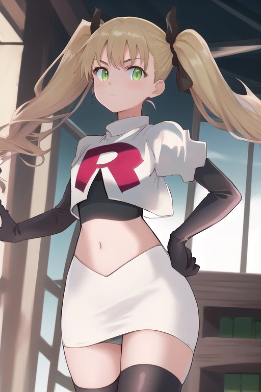 masterpiece, best quality, highres, 1girl twintails hair ribbon, green eyes, team rocket,team rocket uniform,white skirt,red letter R,crop top,black thigh-highs,black elbow gloves