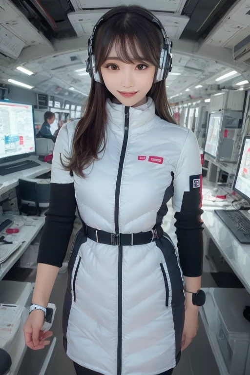 masterpiece, Highest quality, Very detailed, 8K Portrait,Japanese Android Girl,plump , Control panel,Robotic arms and legs, Blunt bangs,,break (Metallic Gray, Metallic luster, Mirror finish, Astro Best):5,headphone:5,break (Black sleeves):100,Smart Watches,Futuristic space station,Control Room,break headphone,blue eyes,(Black Hair):2,(Long Hair):1.3,Displaying the viewer,(respirator),break blush:3,Hidden Hand,smile