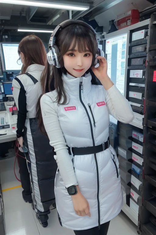 masterpiece, Highest quality, Very detailed, 8K Portrait,Japanese Android Girl,plump , Control panel,Robotic arms and legs, Blunt bangs,,break (Metallic Gray, Metallic luster, Mirror finish, Astro Best):5,headphone:5,break (Black sleeves):100,Smart Watches,Futuristic space station,Control Room,break headphone,blue eyes,(Black Hair):2,(Long Hair):1.3,Displaying the viewer,(respirator),break blush:3,Hidden Hand,smile