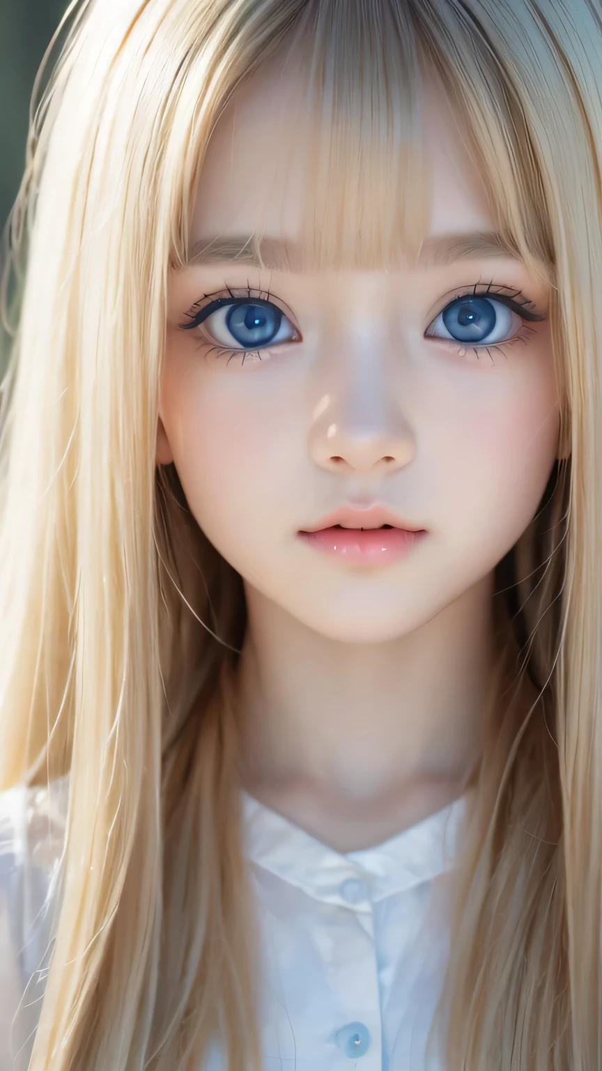 high quality、最high quality、Photorealistic、Raw photo、Real、超Real8K CG、Super detailed、High resolution、masterpiece、1 Girl、Super long hair、Light blonde hair、Bright Blue Eyes、Detailed face and eyes、Close-up、Intricate details、Detailed Texture、details、details、A perfectly beautiful face、Messy silky beautiful light blonde hair、Beautiful cute girl 16 years old、Very beautiful beautiful bright pale sky blue big eyes、Very super long beautiful blonde silky shiny hair、Long beautiful bangs、Very big eyes、Small Face Beauty、eyeliner、very white shiny skin、Gloss Face、Cheek gloss、Hair above the eyes、片Hair above the eyes、Hair between the eyes、