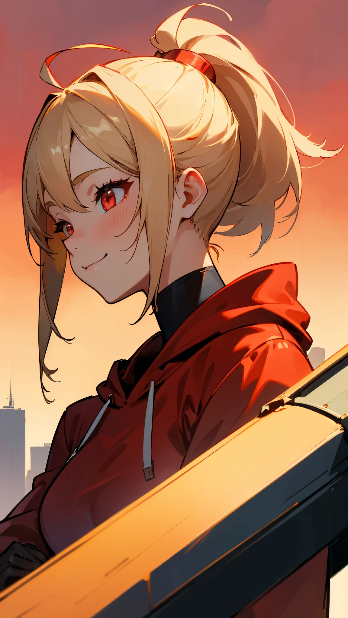 1 Girl、solo、Wearing a red hoodie、Wear leather gloves、Blonde ponytail、Ahoge、Beautiful red eyes、smile、Highly detailed profile、Upper body close-up、Ultra-detailed illustrations、Golden Hour Sky、Skyscraper rooftop