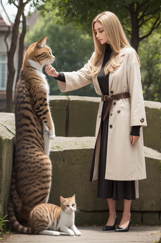 Create me one of 1,50 tall with brown and blonde hair looking at cats