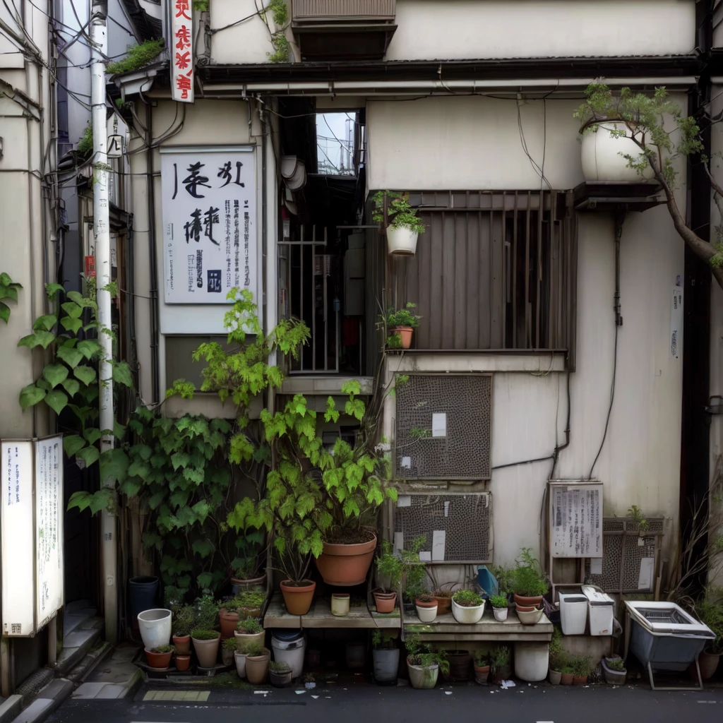 there are many plants and plants in pots on the side of a building, japanese neighborhood, japanese street, tokyo alleyway, japanese downtown, plants everywhere, deserted shinjuku junk, in the streets of tokyo, in a tokyo street, in narrow tokyo alleyway, japan travel aesthetic, plants on pots and on the walls, tokyo street