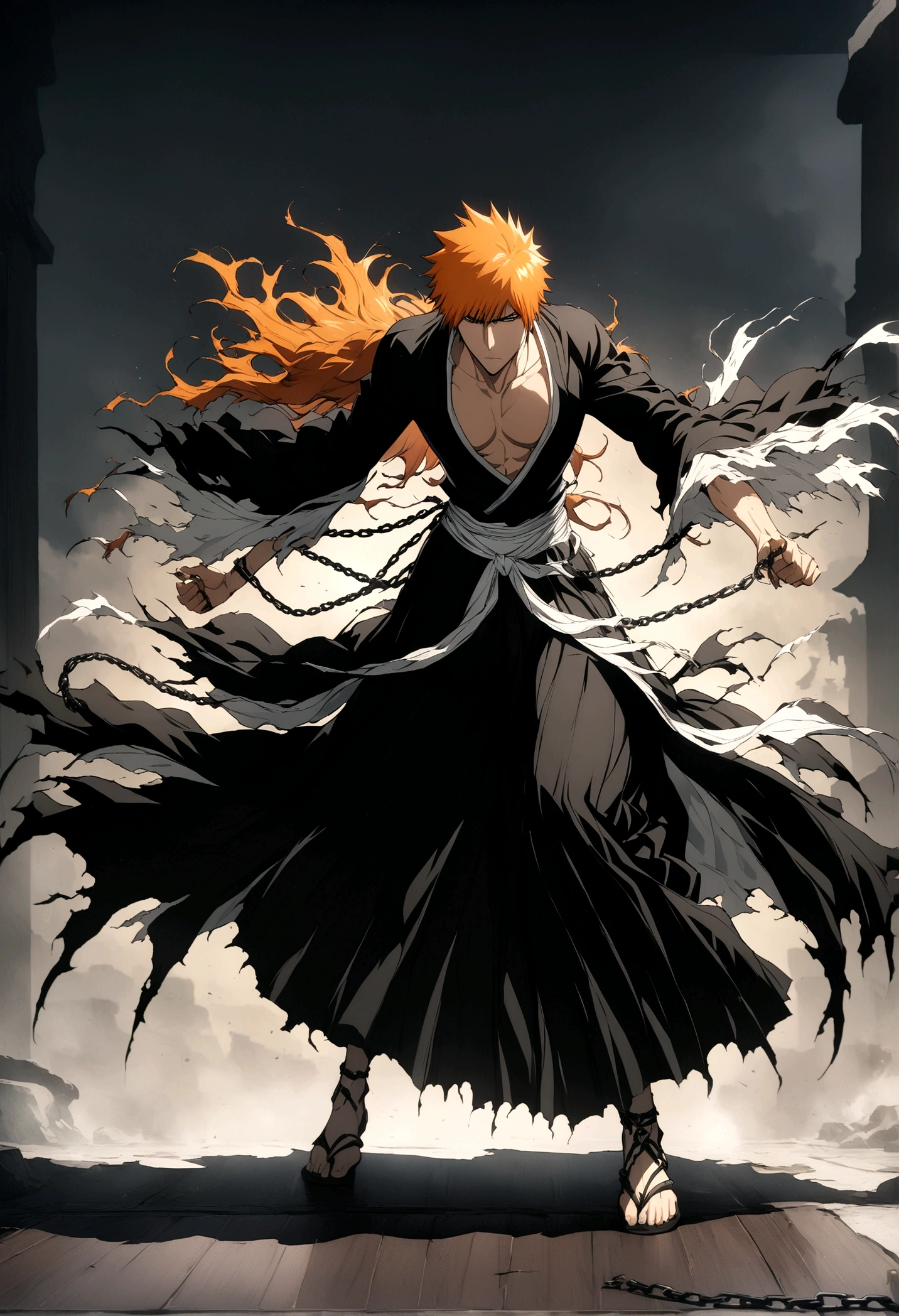 masterpiece , 8k , ichigo tied with chains , chain attached to body from all direction, high spiritual pressure, bleach, ichigo kurosaki , bankai black dress, zangetshu,