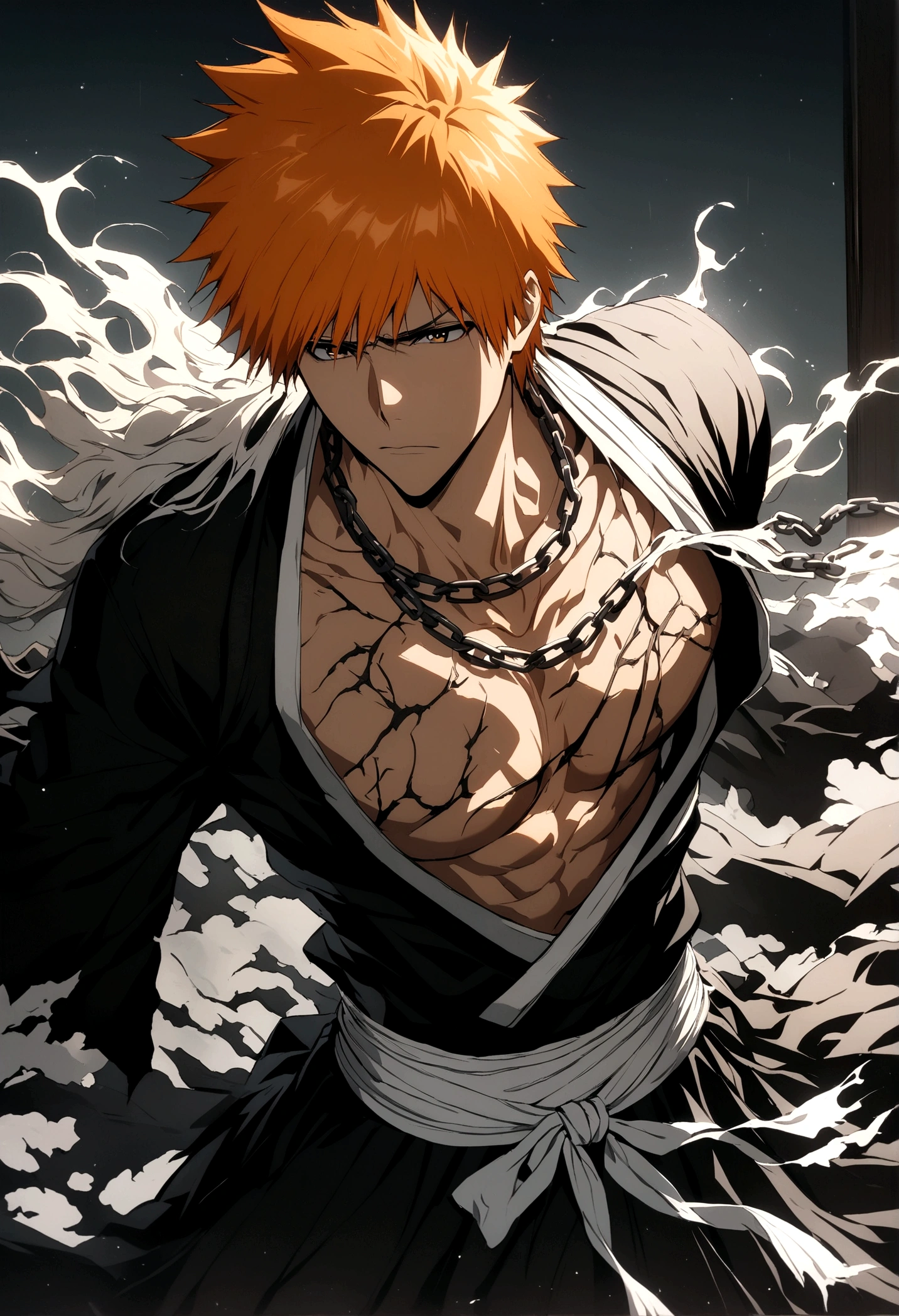 masterpiece , 8k , ichigo tied with chains , chain attached to body from all direction, high spiritual pressure, bleach, ichigo kurosaki , bankai black dress, zangetshu,