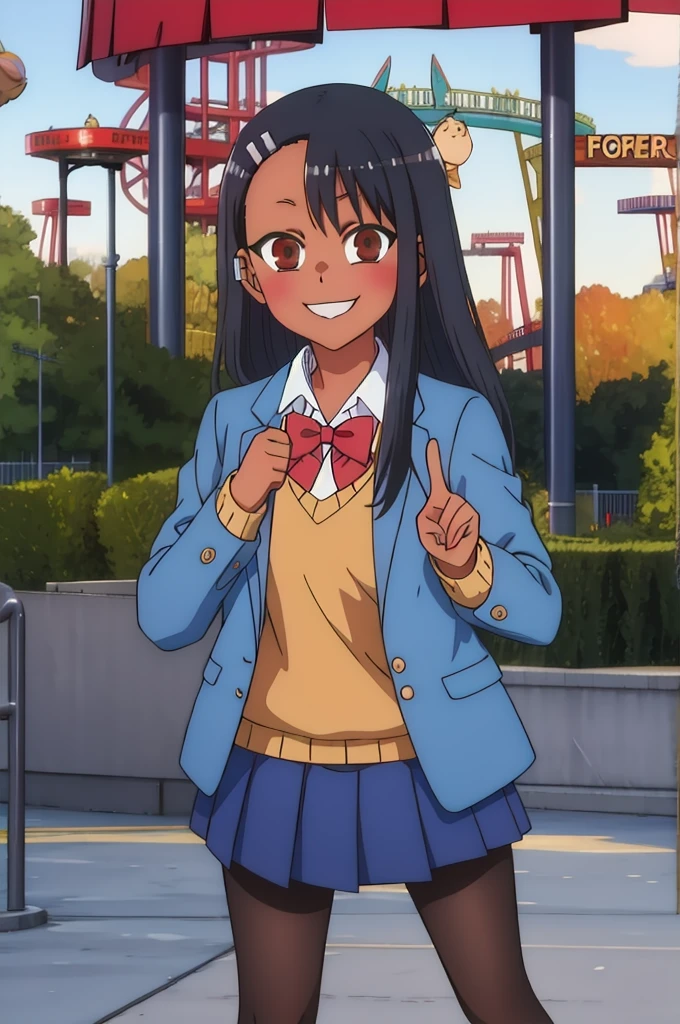 masterpiece, best quality, highres, looking at viewer, nagatoro hayase, hair ornament, brown eyes, hairclip ,dark skin, black hair,
hair ornament, hair ribbon, brown eyes, red bowtie, blue jacket, blazer, long sleeves, plaid skirt, brown skirt, pantyhose, peace sign, amusement park, smile, standing,