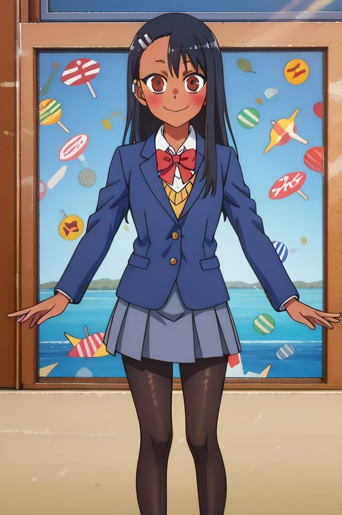 masterpiece, best quality, highres, looking at viewer, nagatoro hayase, hair ornament, brown eyes, hairclip ,dark skin, black hair,
hair ornament, hair ribbon, brown eyes, red bowtie, blue jacket, blazer, long sleeves, plaid skirt, brown skirt, pantyhose, peace sign, amusement park, smile, standing,