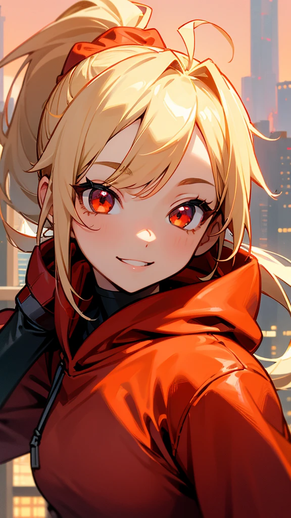 1 Girl、solo、Wearing a red hoodie、Wear leather gloves、Blonde ponytail、Ahoge、Beautiful red eyes、smile、Highly detailed face、Upper body close-up、Ultra-detailed illustrations、Golden Hour Sky、Skyscraper rooftop