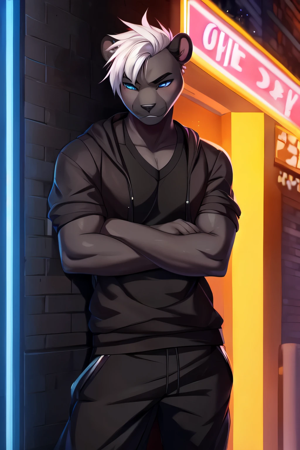 Solo, male, a cute grey anthro furry panther boy, a single panther tail, lean, serious, white hair, faux hawk hair, blue cat eyes, black fur, by fumiko, by hyattlen, by zackary911, indoors, streetwear cloth, standing, buff, arms crossed, front view, leaning his back against a wall, standing next to a busy club entrance, nighttime, bar lights