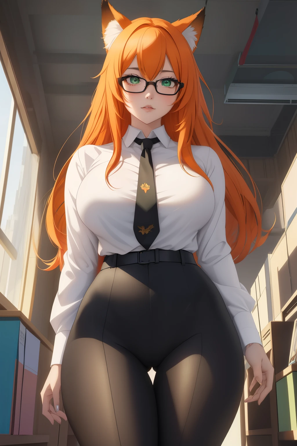 (masterpiece, Best quality), 8K, ultra detailed, realistic photo, Detailed face, perfect lighting, green eyes, bright orange hair, bright hair, fox ears, nice legs, side photo, beautiful, Cute, skin pores, 1 girl, perfect shirt, fully dressed, beautiful women 30 years old, Beautiful proportions, Russian woman, Caucasian, European, Business lady, stunningly beautiful woman, mother, thick legs, show ass, big breasts, (Thin white shirt:1.4), thick, hot, (White Office Wear:1.4), tight pants, (wide hips:1.2), thick, (white Office pants:1.3), spread your legs, Legs open, full length, wide hips, Glasses, with long orange hair, standing on the beach near the ocean, green eyes detailed digital anime art, cat ear, anime girl with long hair, гладкое аниме cg art, anime girl with long hair, digital anime art, work in Guweiz style, Beautiful anime portrait, Photorealistic render of an anime girl, pantyhose, Beautiful anime girl, advanced digital anime art, guweiz на artstation pixiv HD UHD HQ
