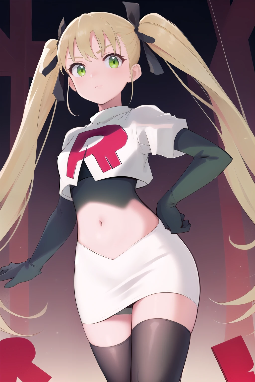 masterpiece, best quality, highres, 1girl twintails hair ribbon, green eyes, team rocket,team rocket uniform,white skirt,red letter R,crop top,black thigh-highs,black elbow gloves