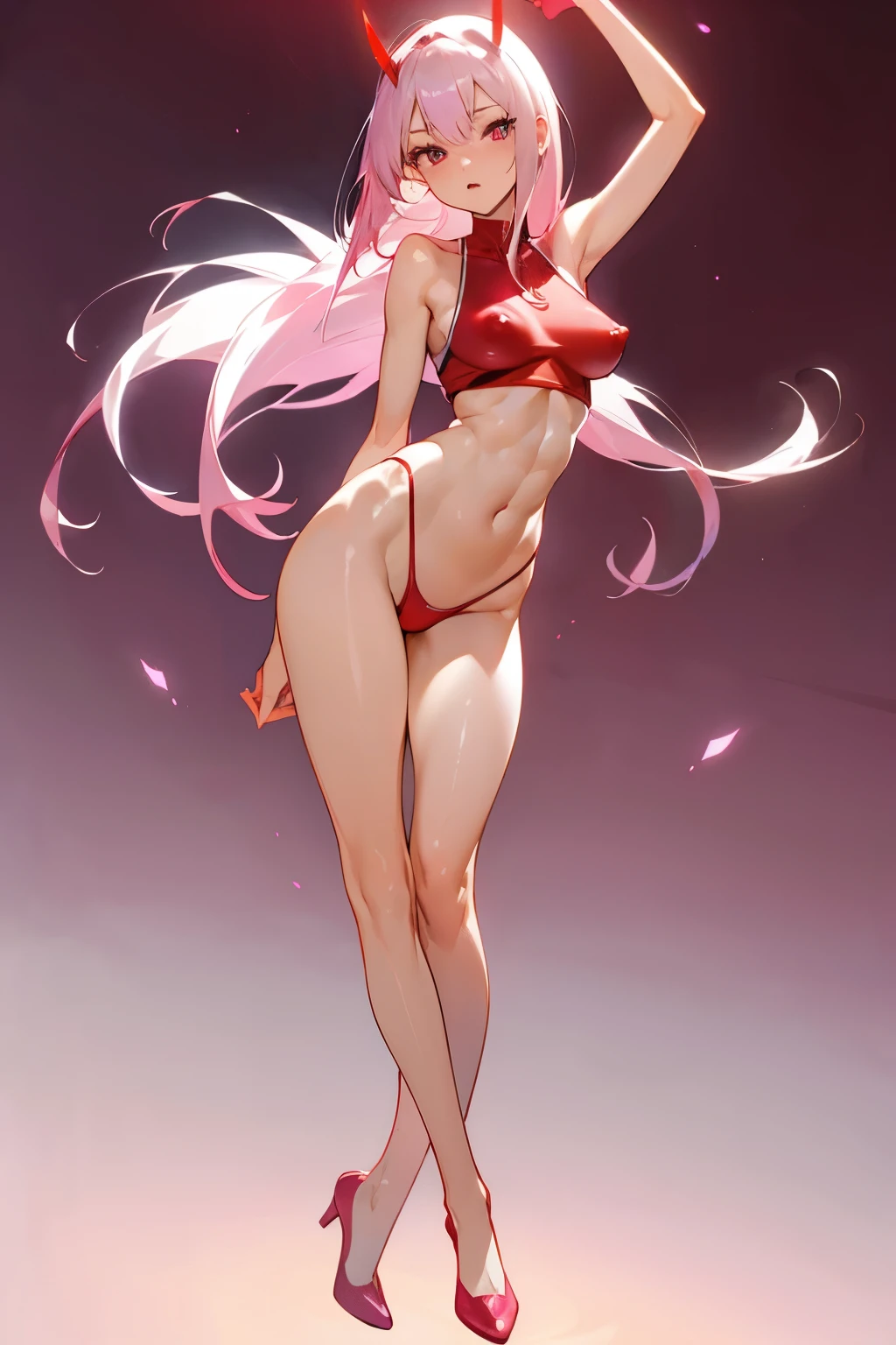 one white girl, zero two, anime, hyuga clan, bust, solo, full body, legs, abs, slender body, pink eyes, beautiful eyes, pink hairt, long hair, nsfw, (huge breasts, open breasts, small breasts:1.3), bare shoulders, bare neck, masterpiece, highly detailed, shiny blured grey background, gradient sprayed background, gradient red purple background, blured background, big nipples, glowing edges of image, (red underwear:1.3)