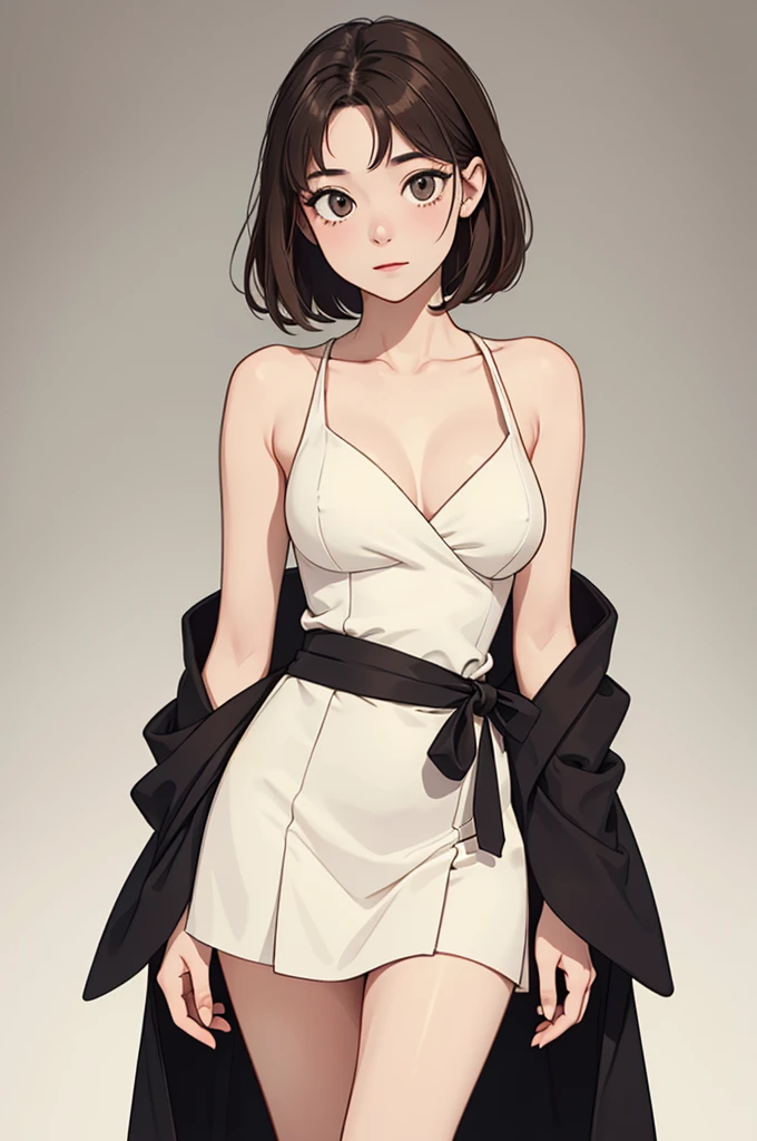 (((masterpiece, best quality, ultra highres, 1 girl, solo, no background))), super detailed skin and face and eyes and finger, beautiful japanese woman, small breasts:1.5, skinny, light brown hair, white background, very short hair, (an illustration of girl), Knee shot, Generate with illustrations, Various expressions, Various poses, Various Costumes, Please draw the entire character within the frame, ensuring that the head, arms, and legs are not cut off. The background should be simple, with the character positioned centrally,